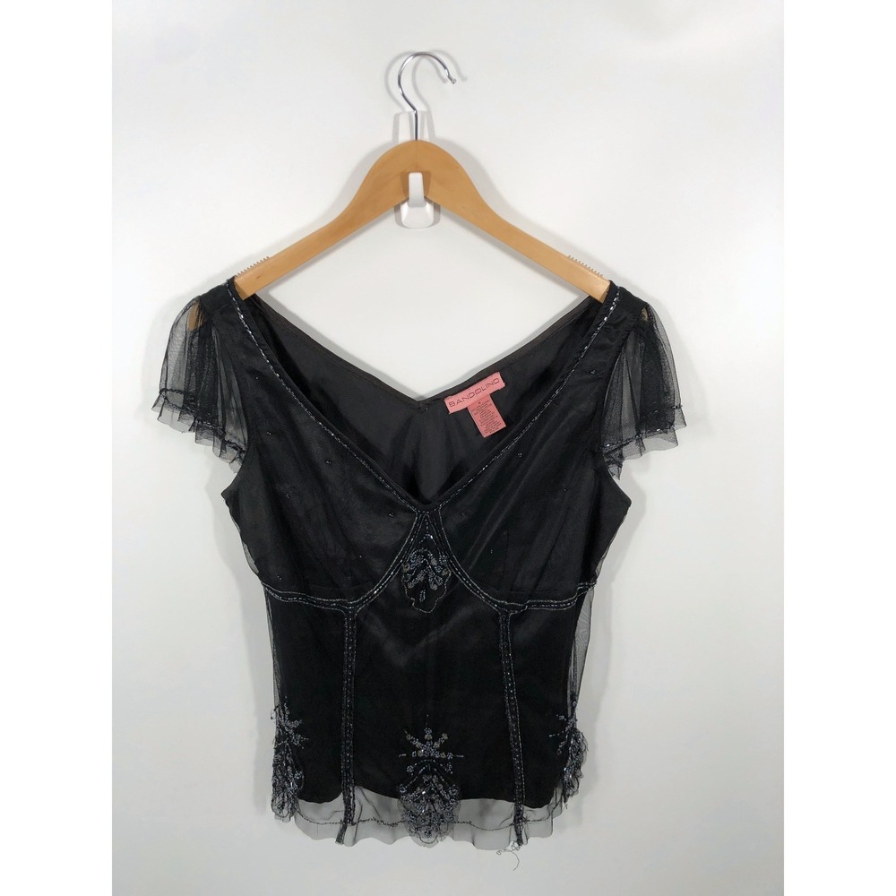 VTG Womens Beaded Babydoll Top 8 Black Flutter Sleeve Whimsigoth Dark Fairy